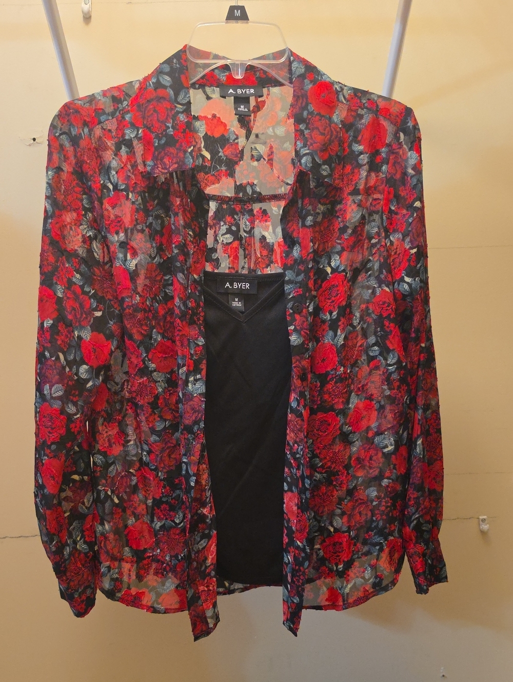 A. Byer Red and Black Floral Button-Down Ladies 2-piece Shirt
